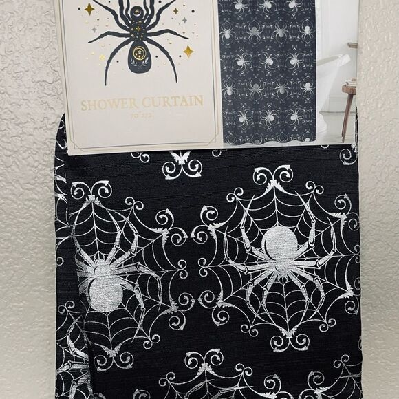 Halloween Spiderweb Black Silver Metallic Shower Curtain - Picture 1 of 4